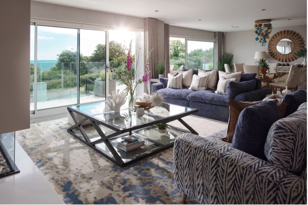 Coastal interior design living room with natural light