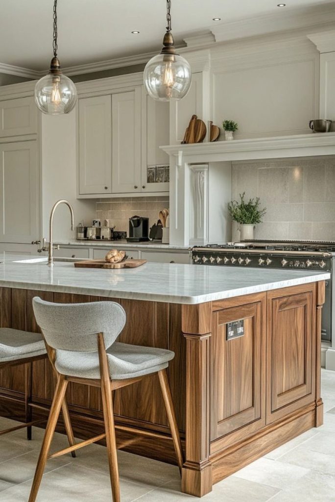 Contemporary kitchen in the Edwardian interior design style with white and wooden island worktops